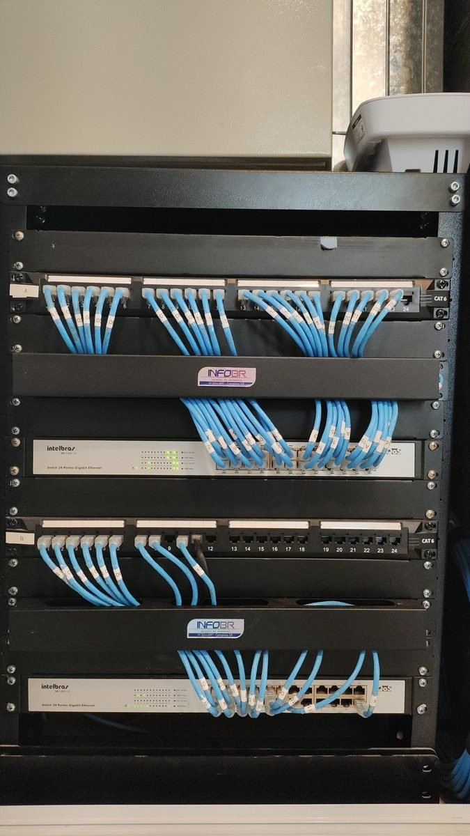 Patch panel organizado com cabos identificados