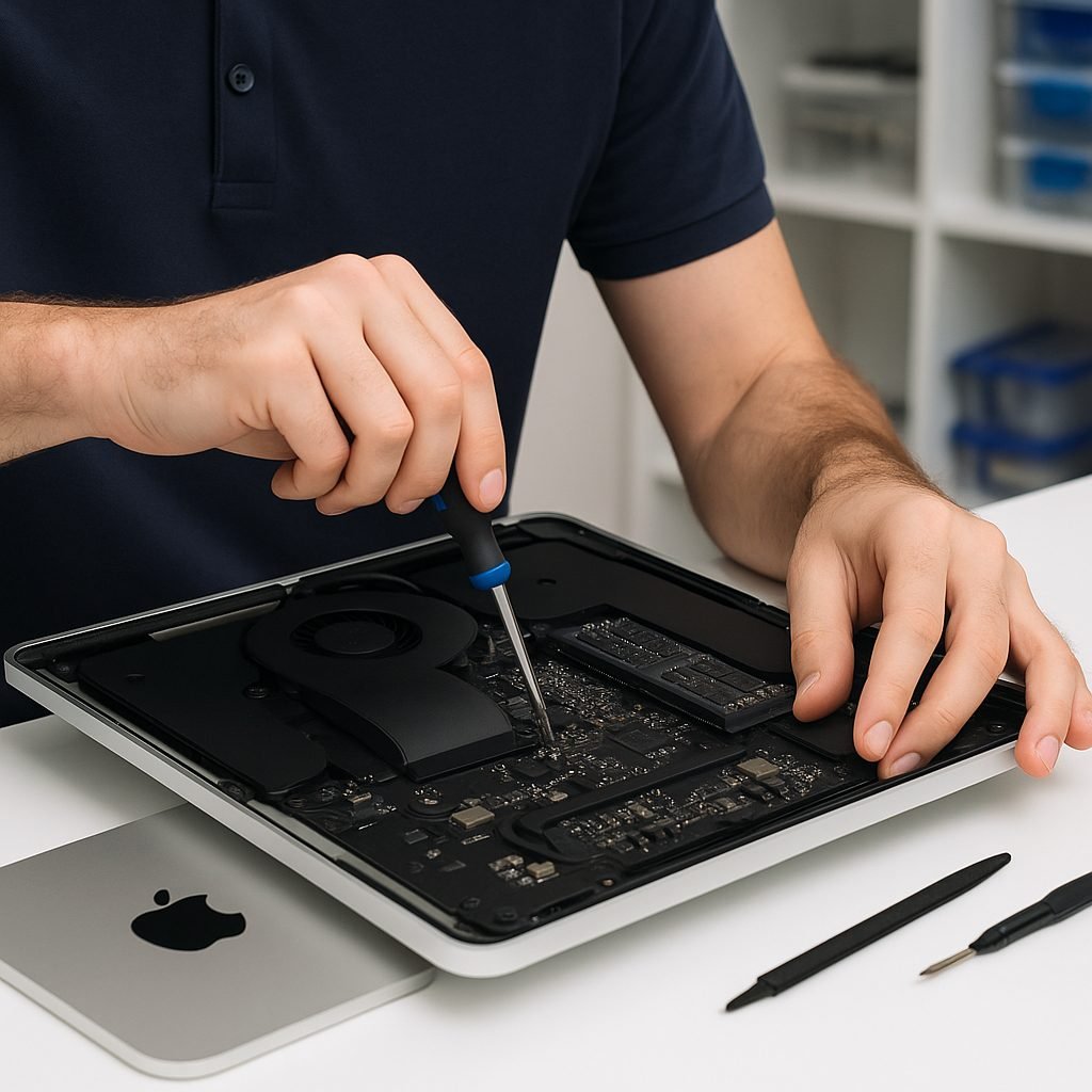 Técnico da INFOBR realizando reparo em computador Apple